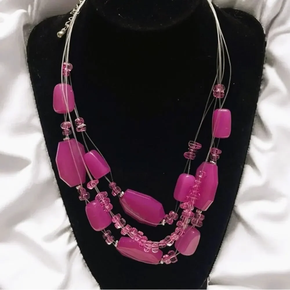 Vintage Multi-Strand Pink Acrylic & Lucite Geometric Beads, Floating Fine Wires